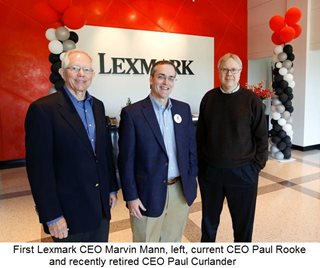 First Lexmark CEO Marvin Mann, left, current CEO Paul Rooke and recently retired CEO Paul Curlander